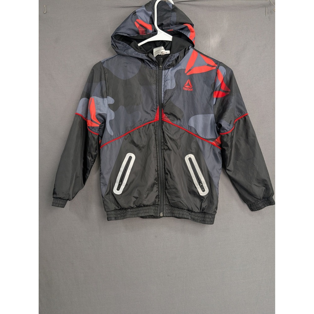 Reebok Boys Camo Windbreaker Hooded Jacket Black Red Grey Size 6/7 S143-03